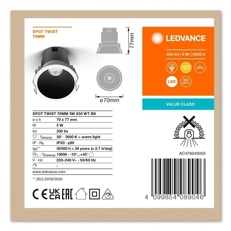 Lampa padziļinājums Ledvance-Osram Twist TWIST, 3000°K, LED, balta-melna
