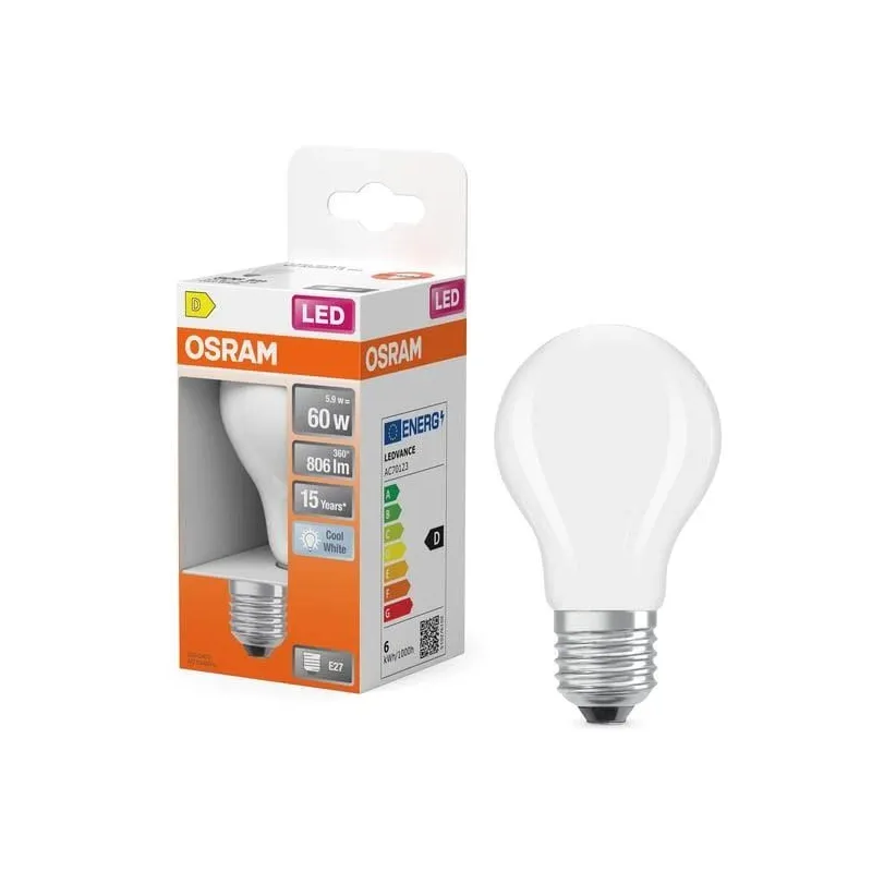Лампочка Osram LED, A60, 4000 °К, E27, 5.9 Вт, 806 лм