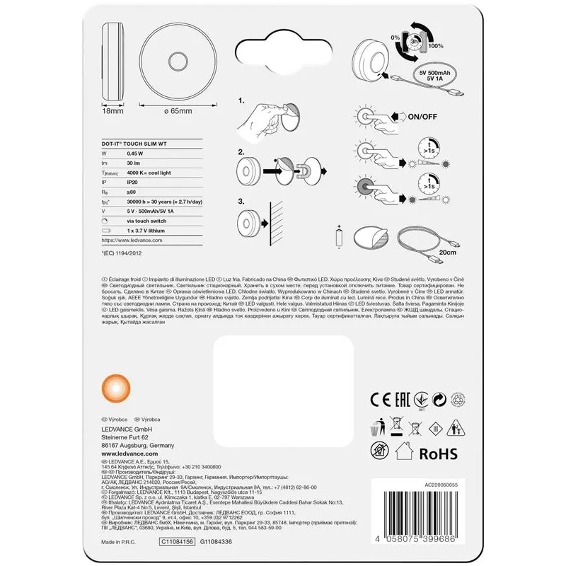 Lampa mēbeļu-sienas uzlādējams ar akumulatoru Ledvance 4058075399686, LED, 4000 °K, 1 x 0.45 W
