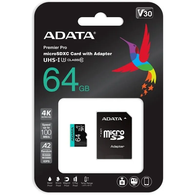 Atminties kortelė Adata Micro SDXC V30 PRO, 64 GB, 100 Mb-s - 80 Mb-s