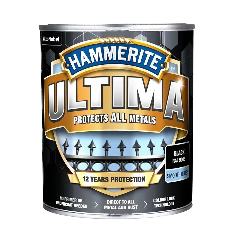 Emaljas krāsa, aizsargā metāla konstrukcijas pret koroziju Hammerite Ultima Smooth, spīdīga, 0.7 l, melna krās.