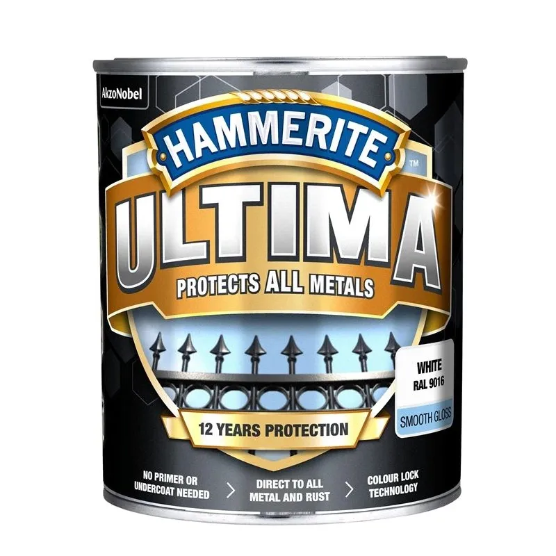 Emaljas krāsa, aizsargā metāla konstrukcijas pret koroziju Hammerite Ultima Smooth, spīdīga, 0.7 l, balta krās.