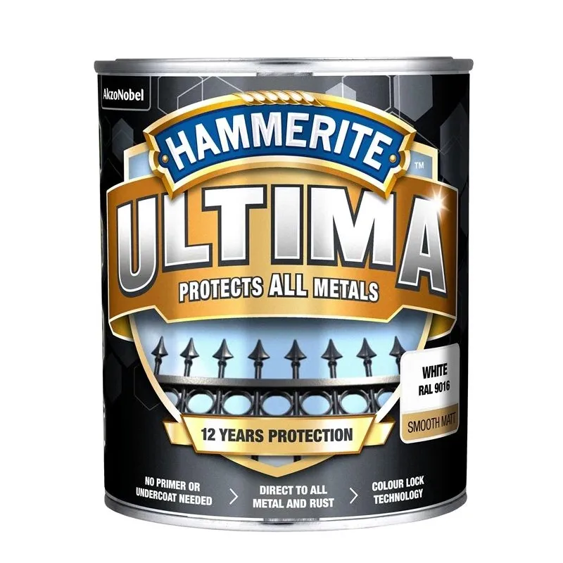 Emaljas krāsa, aizsargā metāla konstrukcijas pret koroziju Hammerite Ultima Matt, matēts, 0.7 l, balta krās.