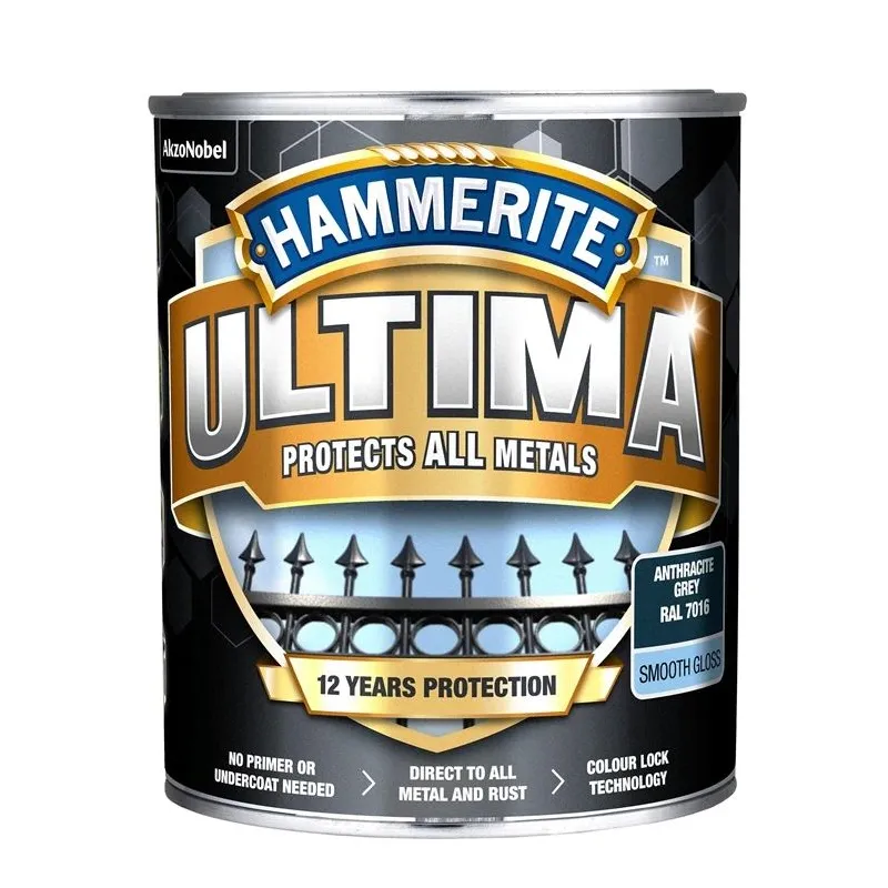 Краска-эмаль, для металлоконструкций, защита от коррозии Hammerite Ultima Smooth, блестящий, 0.7 l, aнтрацит цв.