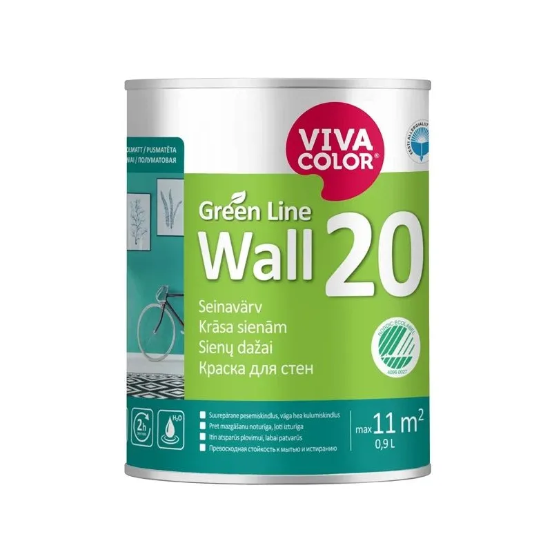 Sienu krāsa Vivacolor Green Line Wall 20, balta krās., 0.9 l
