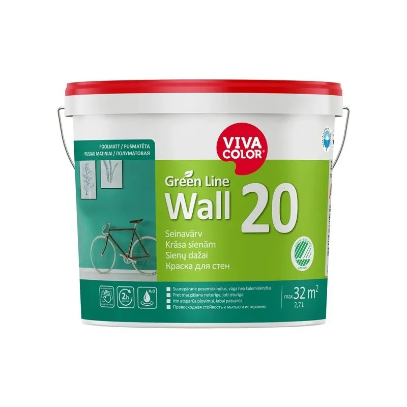Sienų dažai Vivacolor Green Line Wall 20, balta sp., 2.7 l