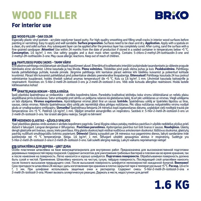 Špaktele Briko, gatavs lietošanai, ozola krās., 1.6 kg