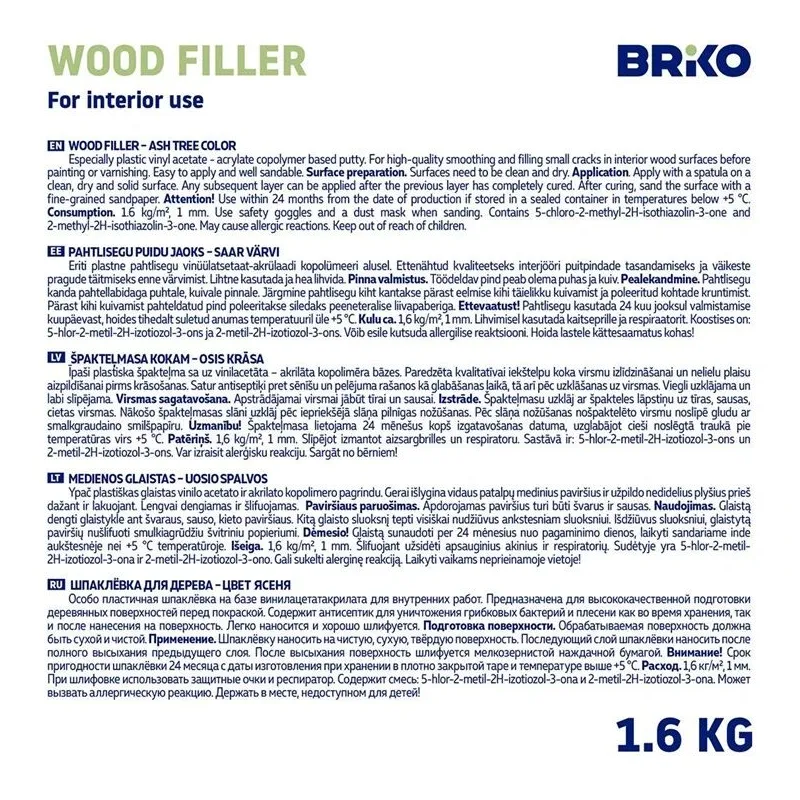 Špaktele Briko, gatavs lietošanai, pelnu krās., 1.6 kg