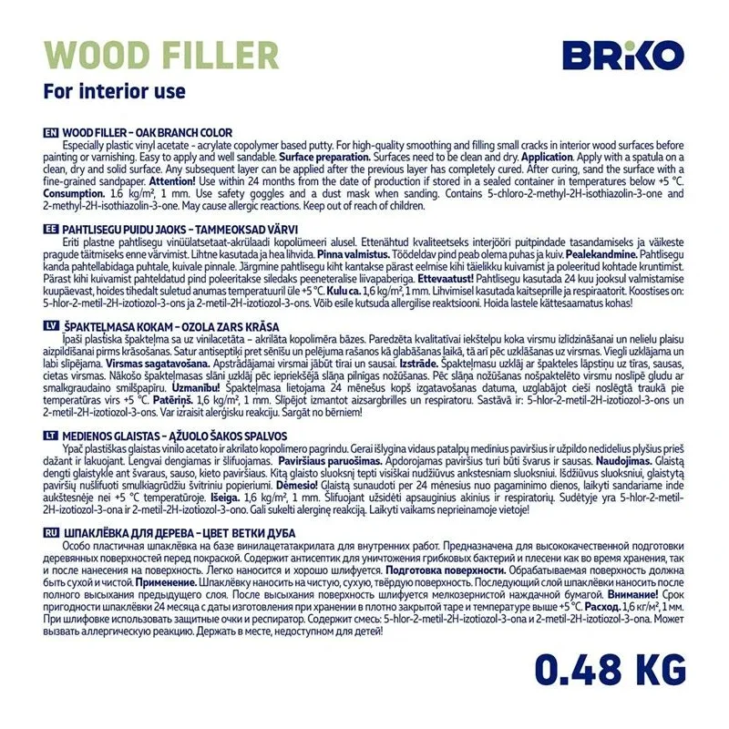 Špaktele Briko Wood Glaze, gatavs lietošanai, ozola krās., 0.48 l