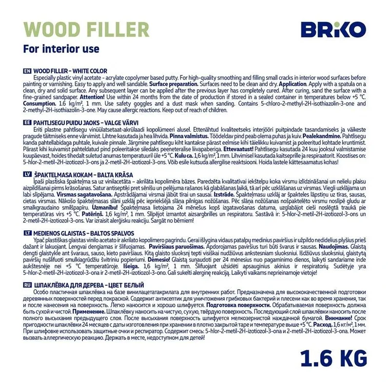 Špaktele Briko, gatavs lietošanai, balta krās., 1.6 kg