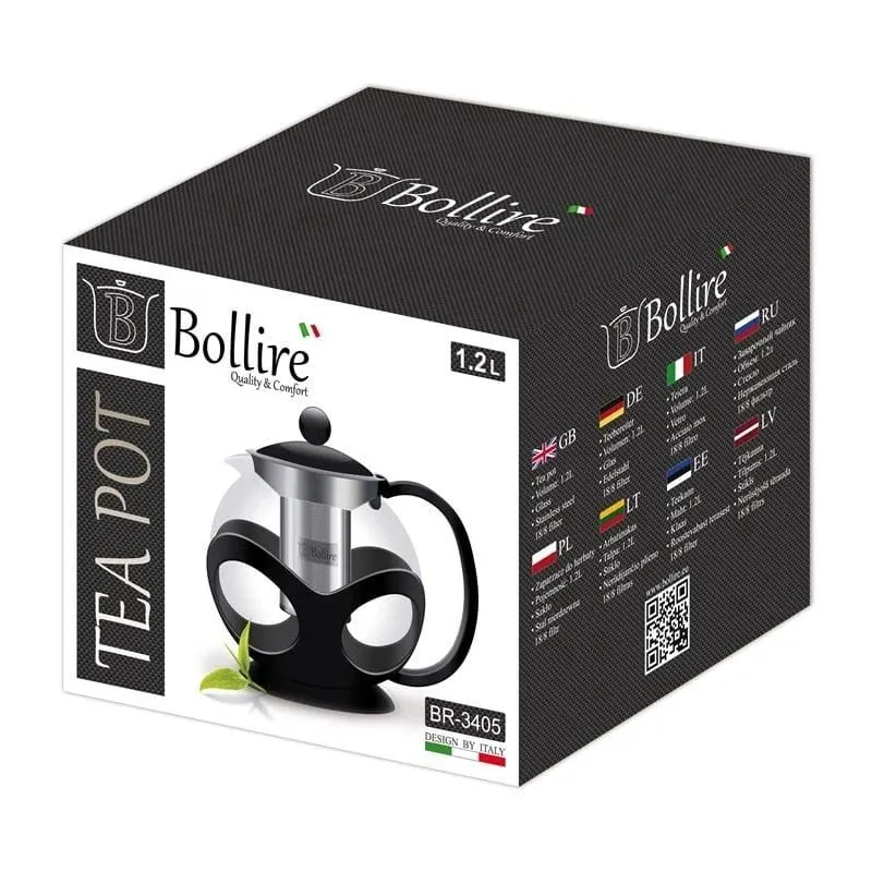 Tējkanna ar sietiņu Bollire BR3405, 1.2 l, caurspīdīga krās.-melna krās.