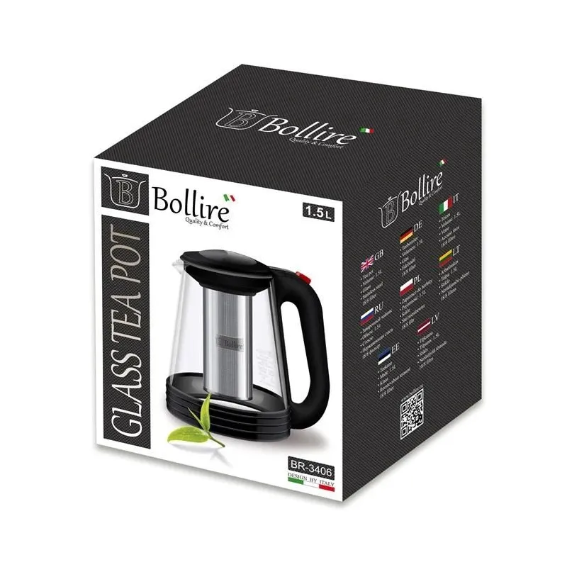 Tējkanna ar sietiņu Bollire BR3406, 1.5 l, caurspīdīga krās.-melna krās.