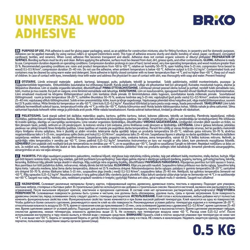 Līme universālā līme Briko PVA D1, 0.5 kg, balta krās.