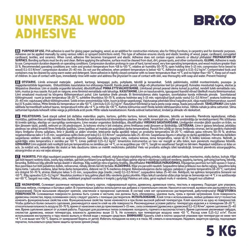 Klijai universalūs Briko PVA D1, 5 kg, balta sp.