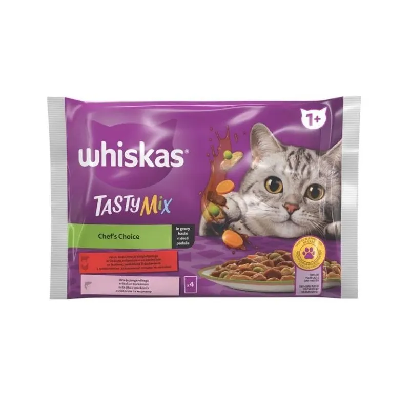 Mitrā kaķu barība Whiskas, zivs-gaļa, 0.085 kg x 4 gab.