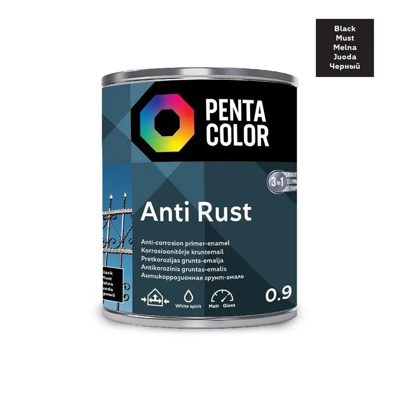 Emaljas krāsa, aizsargā metāla konstrukcijas pret koroziju Pentacolor Anti Rust, pus-spīdīgs, 0.9 l, melna krās.