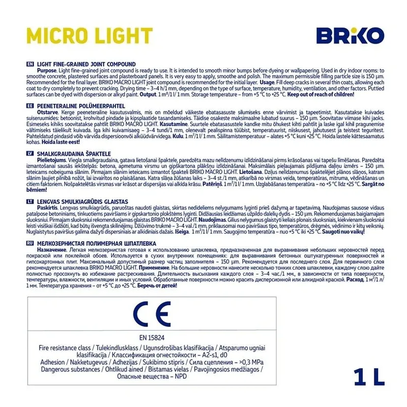 Špaktele Briko Micro Light, viegli smalkgraudains, balta krās., 1 l
