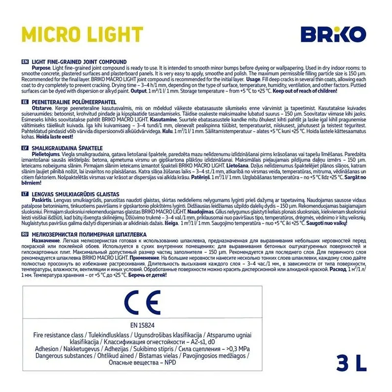 Špaktele Briko Micro Light, viegli smalkgraudains, balta krās., 3 l