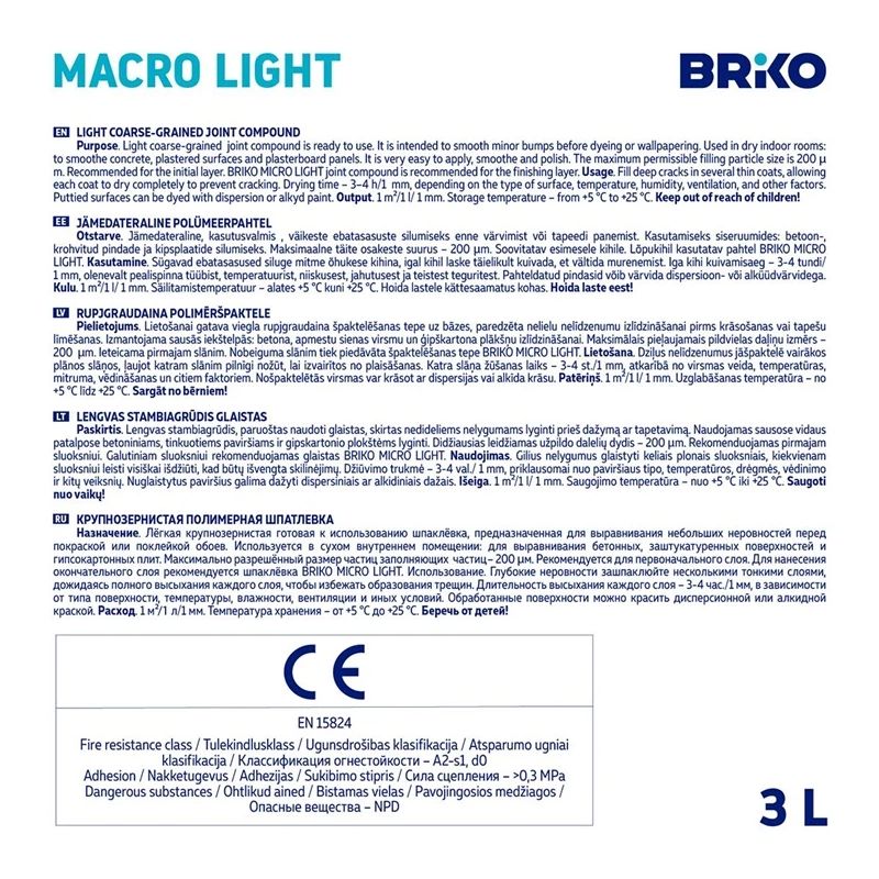 Viegli rupjgraudains špaktele Briko Macro Light. 3 l