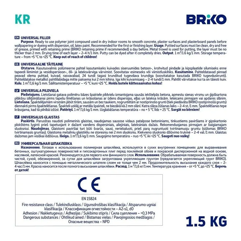 Universaalne kitt Briko KR, kasutusvalmis, valge v.-hall v., 1.5 kg