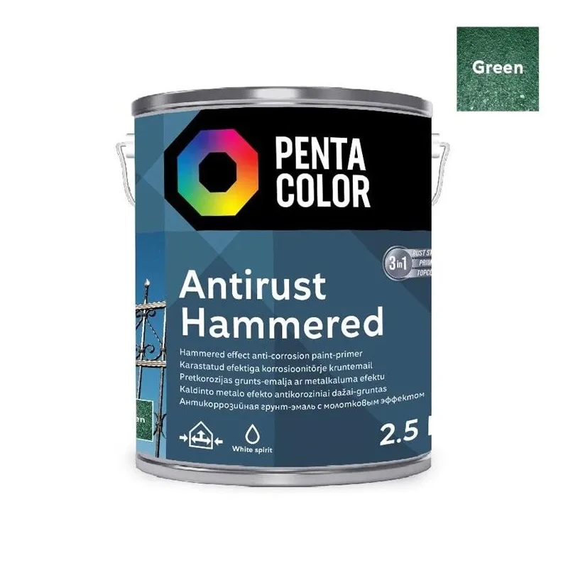 Emaljas krāsa, daudzveidīgs Pentacolor Anti Rust Hammered, spīdīga, 2.5 l, zaļa