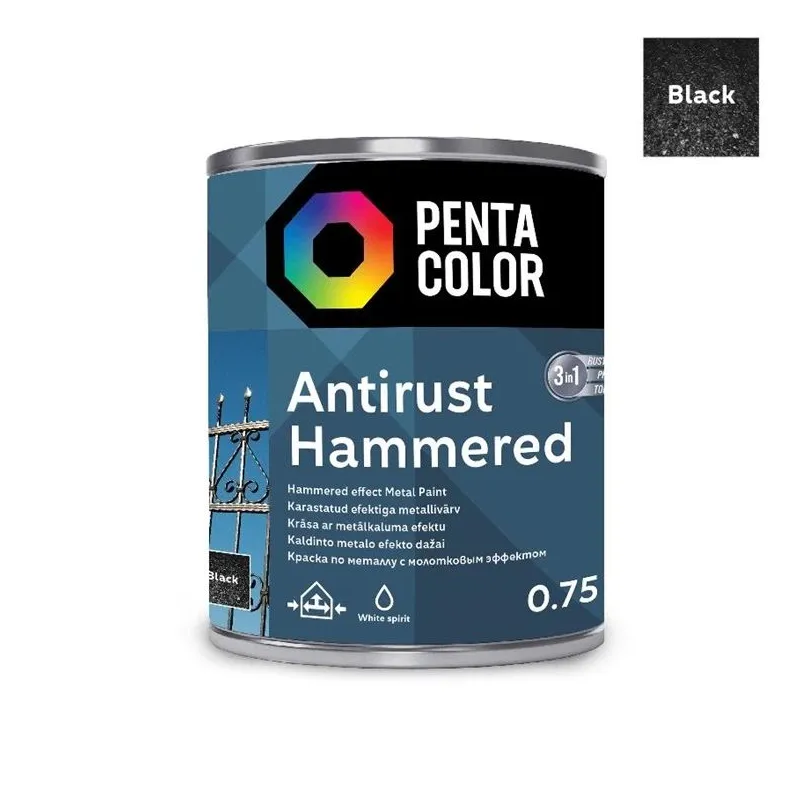 Emaljas krāsa, daudzveidīgs Pentacolor Anti Rust Hammered, spīdīga, 0.75 l, melna