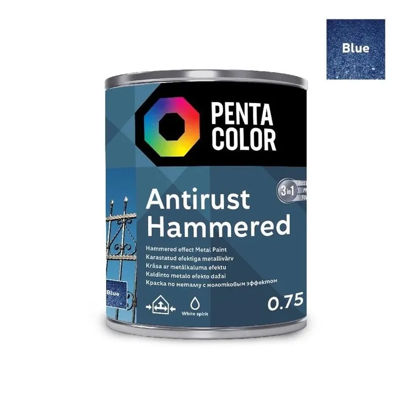 Emaliniai dažai, universalūs Pentacolor Anti Rust Hammered, blizgus, 0.75 l, mėlyna sp.