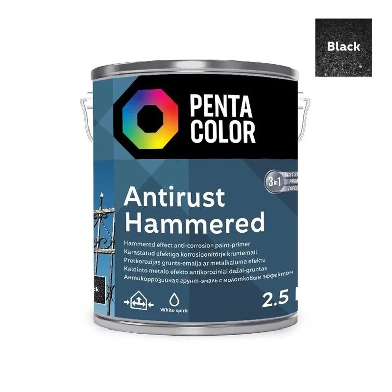 Emaliniai dažai, universalūs Pentacolor Anti Rust Hammered, blizgus, 2.5 l, juoda sp.