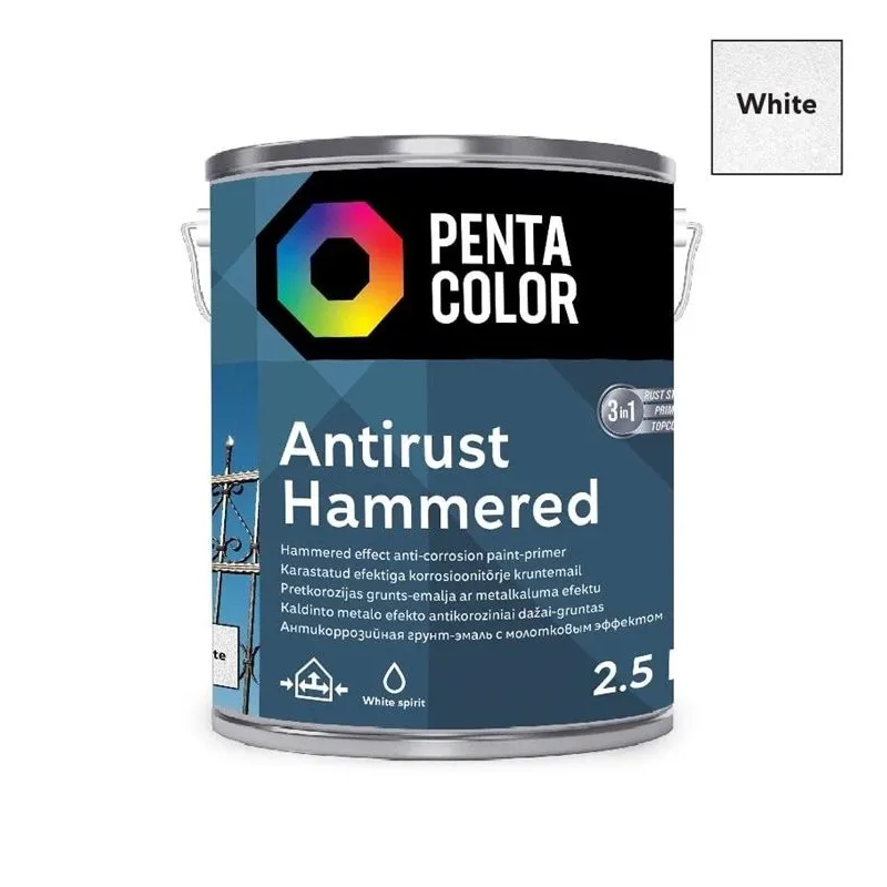 Emaljas krāsa, daudzveidīgs Pentacolor Anti Rust Hammered, spīdīga, 2.5 l, balta