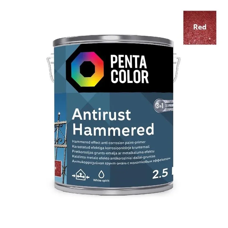 Emaljas krāsa, daudzveidīgs Pentacolor Anti Rust Hammered, spīdīga, 2.5 l, sarkana