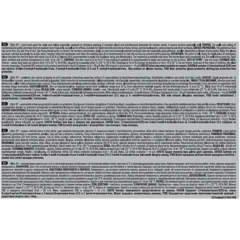 Dispersijas krāsa Pentacolor Ultra 10. balta. 1 l