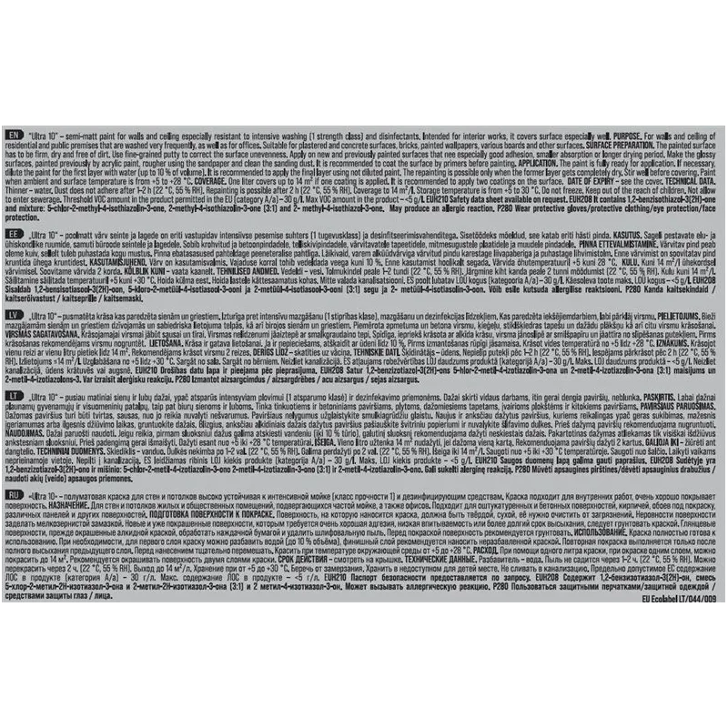 Dispersijas krāsa Pentacolor Ultra 10, balta, 1 l