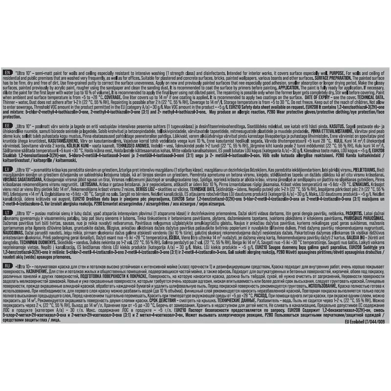 Dispersijas krāsa Pentacolor Ultra 10. balta. 5 l