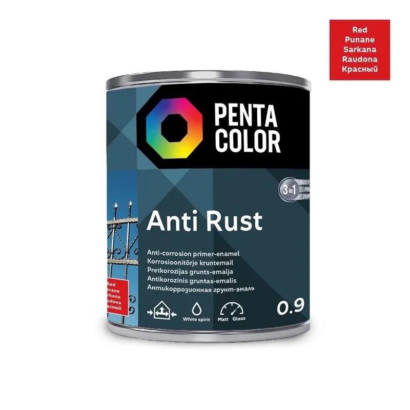 Emaljas krāsa, aizsargā metāla konstrukcijas pret koroziju Pentacolor Anti Rust, pus-spīdīgs, 0.9 l, sarkana krās.
