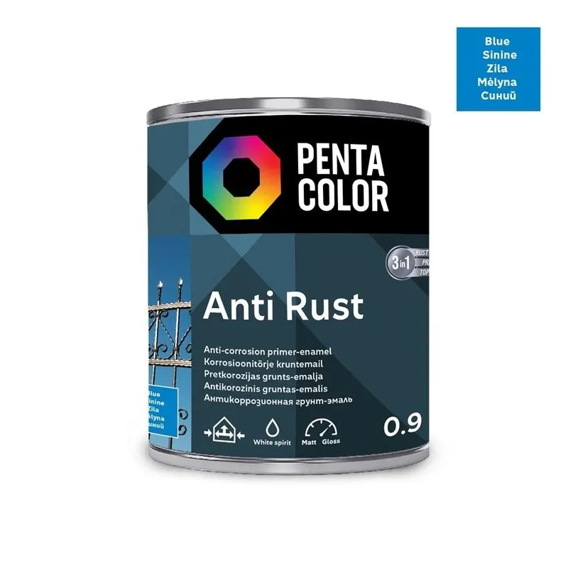 Emaljas krāsa, aizsargā metāla konstrukcijas pret koroziju Pentacolor Anti Rust, pus-spīdīgs, 0.9 l, zila krās.