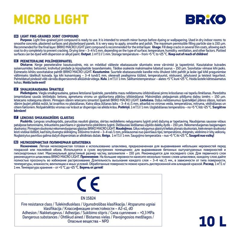 Viegli smalkgraudains špaktele Briko Micro Light. 10 l