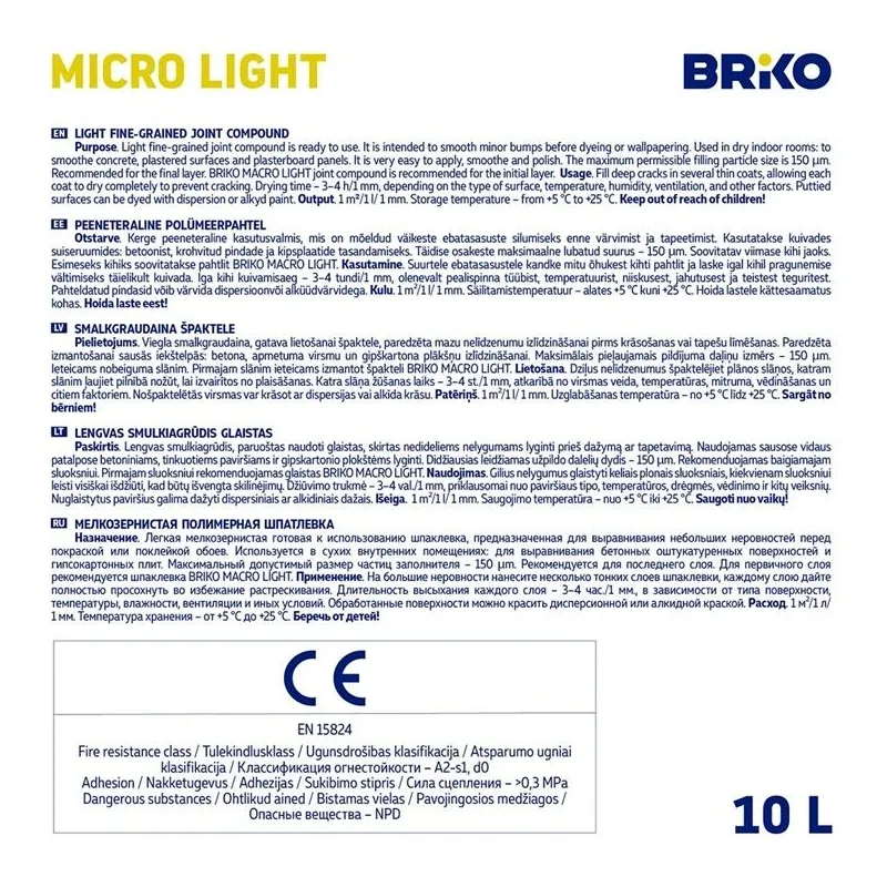 Glaistas Briko Micro Light, lengvasis smulkiagrūdis, balta sp., 10 l