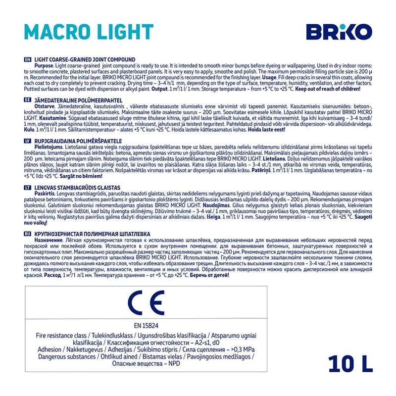 Viegli rupjgraudains špaktele Briko Macro Light. 10 l