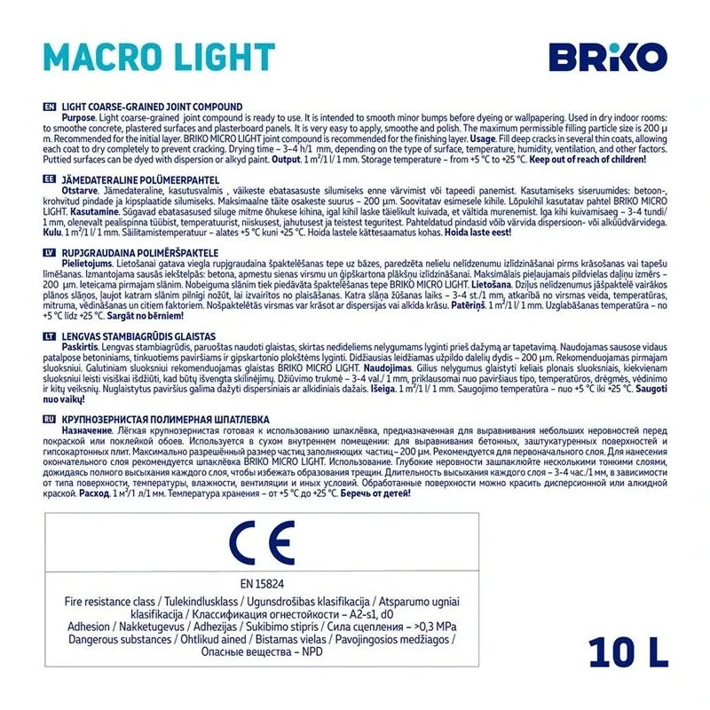 Špaktele Briko Macro Light, viegli rupjgraudains, balta krās., 10 l