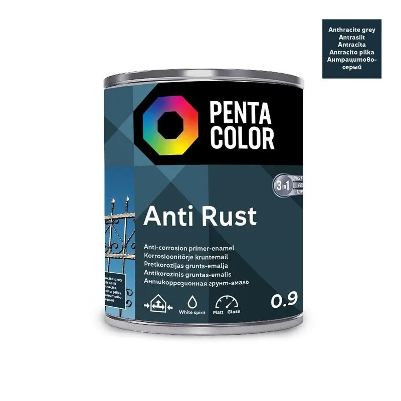 Emaljas krāsa, aizsargā metāla konstrukcijas pret koroziju Pentacolor Anti Rust, pus-spīdīgs, 0.9 l, antracīta krās.