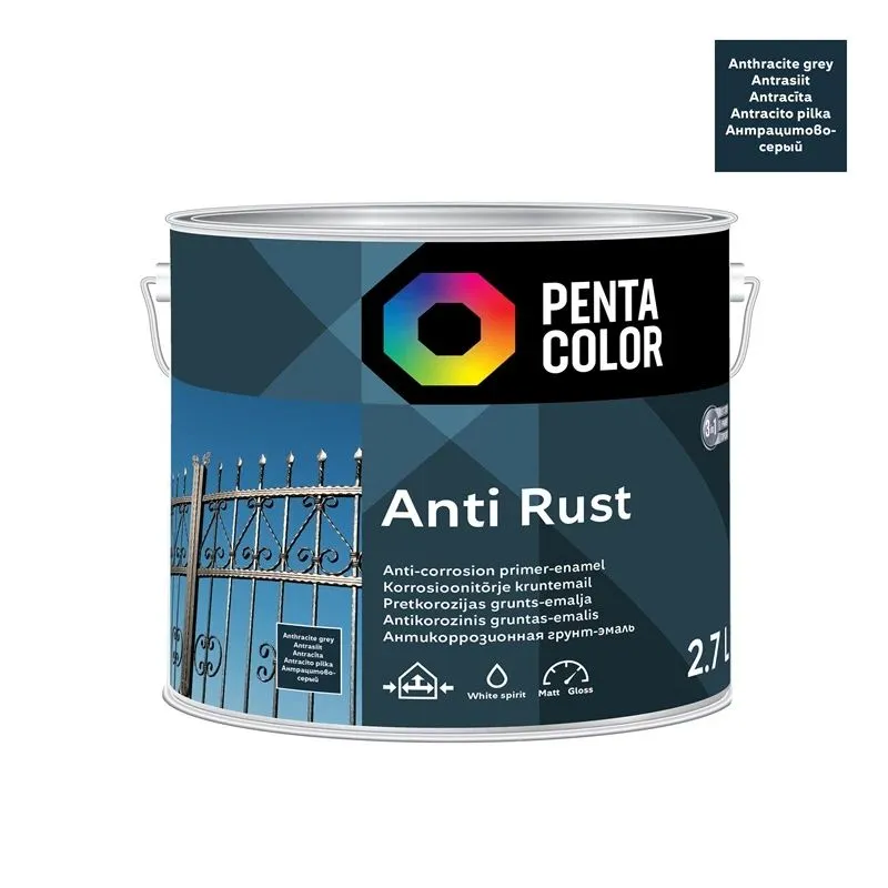Emaljas krāsa, aizsargā metāla konstrukcijas pret koroziju Pentacolor Anti Rust, pus-spīdīgs, 2.7 l, antracīta krās.