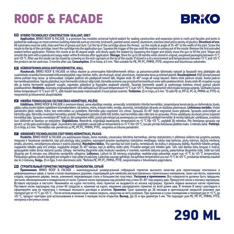 Hermetiķis BRIKO ROOF - FACADE. 290 ml. pelēks