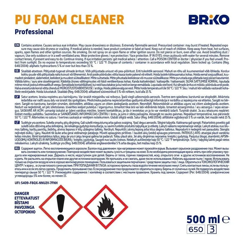 Tīrīšanas līdzeklis, poliuretāna putas Briko Pu Foam Cleaner, 0.5 l