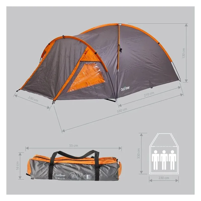Trīsvietīga telts Outliner RD-T22-3, oranža krās.-pelēka krās., 330 cm x 230 cm x 130 cm