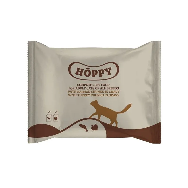Mitrā kaķu barība Höppy, tītara gaļa-lasis, 0.1 kg x 4 gab.