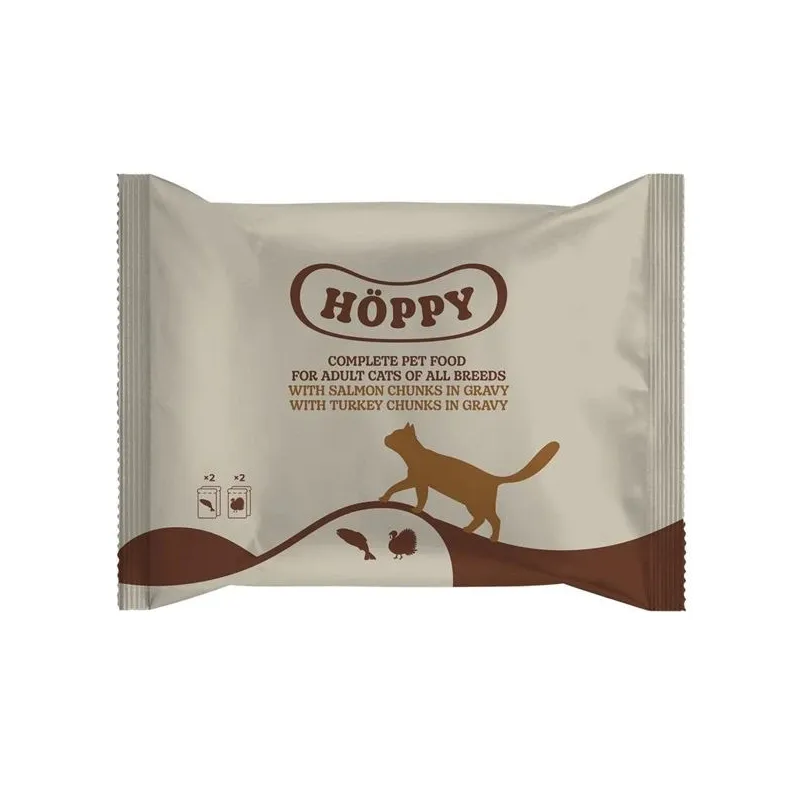 Mitrā kaķu barība Höppy, tītara gaļa-lasis, 0.1 kg x 4 gab.