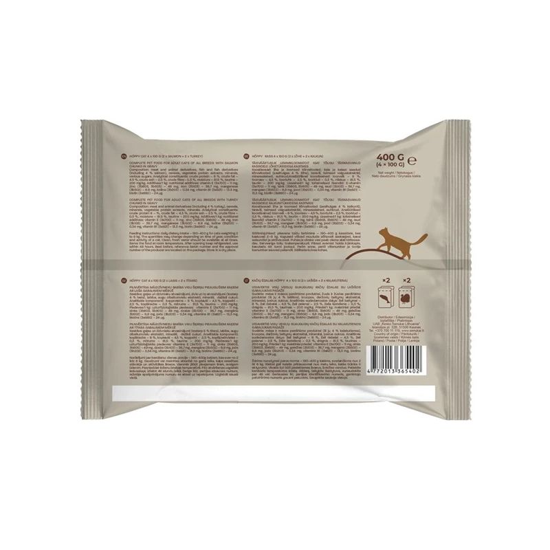 Mitrā kaķu barība Höppy. tītara gaļa-lasis. 0.4 kg. 4 gab.