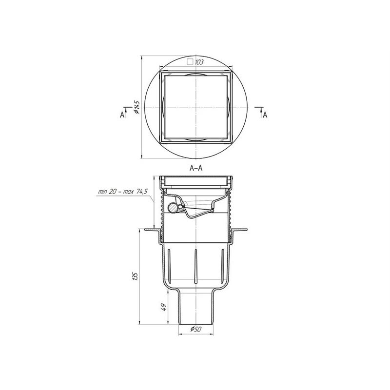 Dušas traps ar sauso ieliktni, flīzējams, 10×10 cm, regulējams.