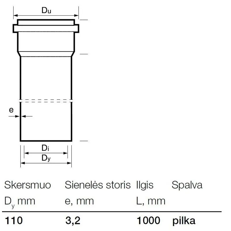 Caurule PVC ar uzmavu Wavin. DIA 110 mm. 1 m