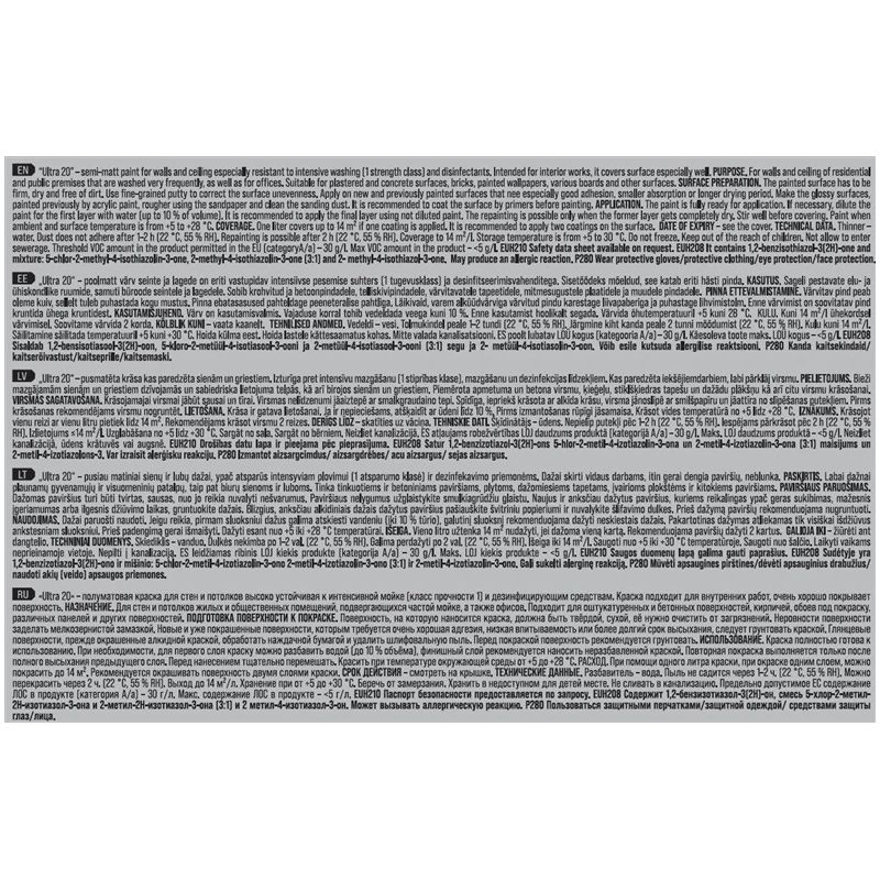 Dispersijas krāsa Pentacolor Ultra 20. balta. 5 l